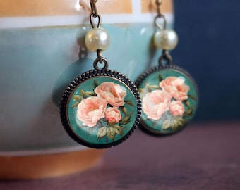 Rosa Pfingstrosen Vintage inspiriert Glas Cabochon Oma Kern Ohrringe mit Perle Perle