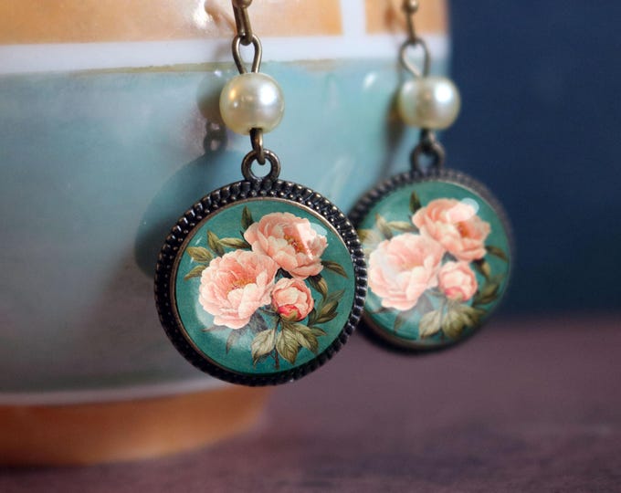 Pink Peonies Vintage Inspired Glass Cabochon Granny Core Earrings with Pearl Bead
