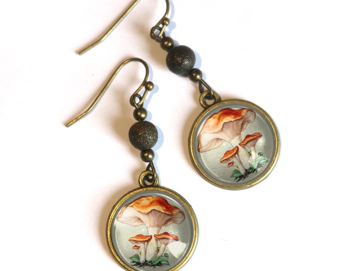 Chantarelle Mushrooms Fairytale Inspired Cottagecore Earrings With Bronze Accent Bead