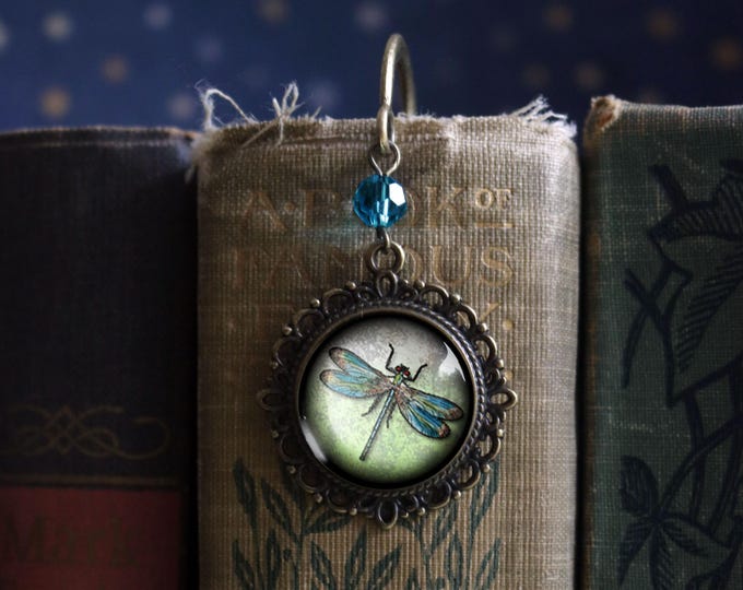 Dragonfly Glass Cabochon Brass Book Hook / Bookmark