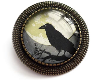 Raven on with Full Moon Vintage Inspired Pin Brooch