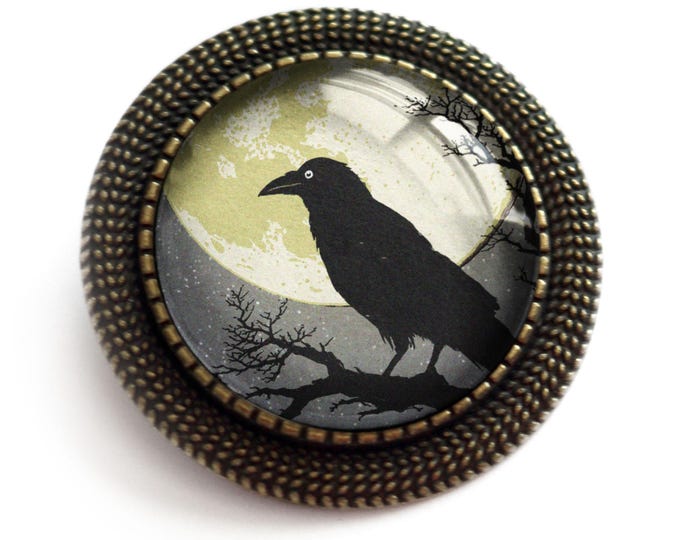 Raven on with Full Moon Vintage Inspired Pin Brooch
