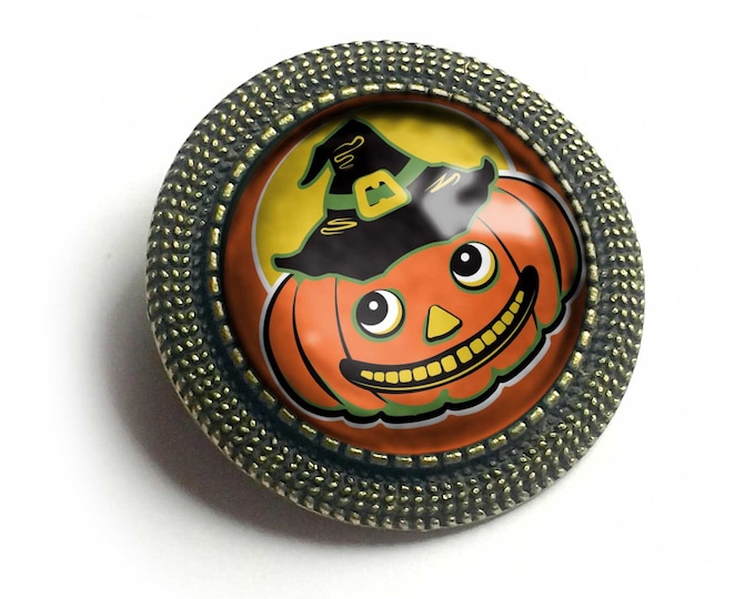 Jack O Lantern in Witch Hat Retro Halloween Black Cat Vintage Inspired Pin Brooch
