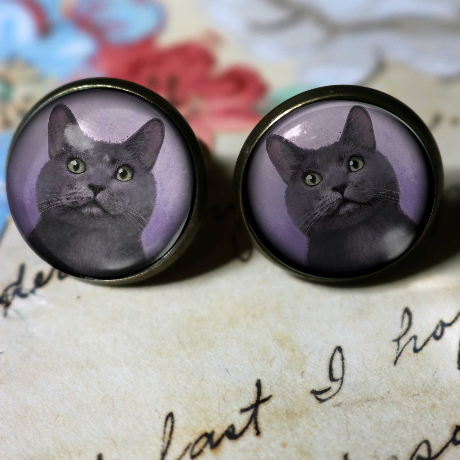 Russian Blue Cat Vintage Inspired Stud Earrings Etsy