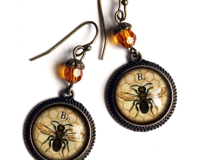Honey Bee or Worker Bee Vintage Inspired Drop / Dangle Earrings