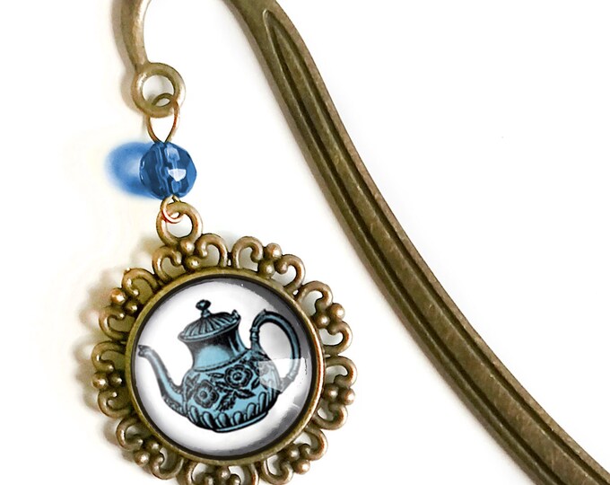 Blue Teapot Glass Cabochon Brass Book Hook / Bookmark