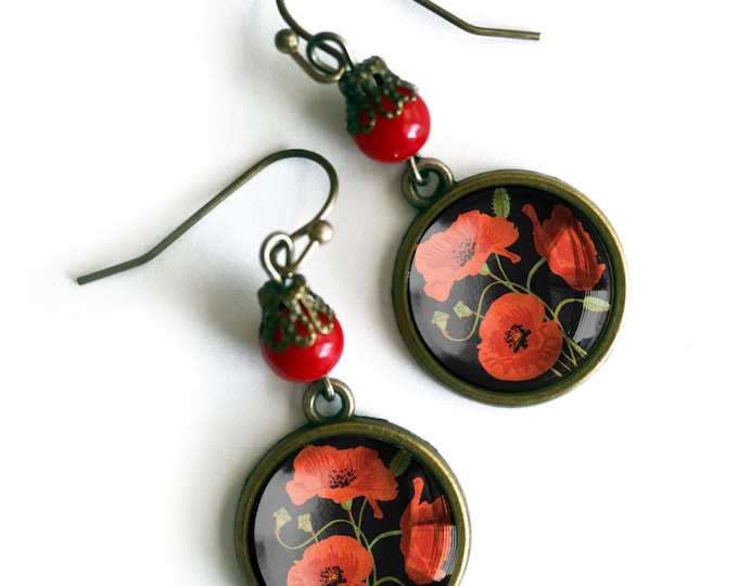 Bold Red Poppy Flowers Drop / Dangle Earrings