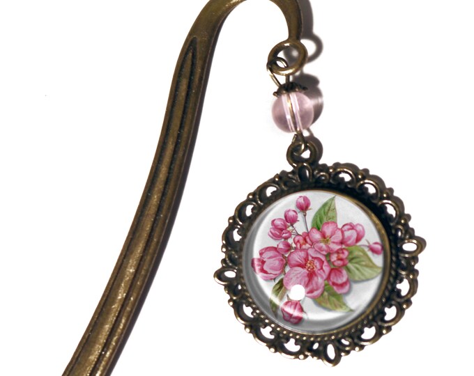 Cherry Blossom Spring Flower Glass Cabochon Brass Book Hook / Bookmark