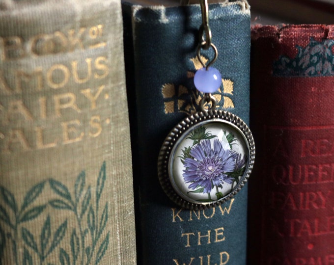 Purple Aster Flower Glass Cabochon Brass Book Hook / Bookmark