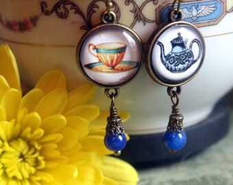 Mismatched Victorian Blue and Yellow Teapot and Teacup Vintage Inspired Drop / Dangle Earrings