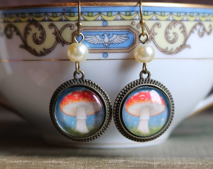 Moonlit Mushrooms Fairytale Inspired Cottage Core Earrings With Pearl Accent Bead
