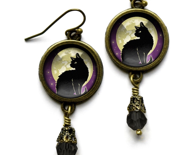 Black Cat on Full Moon Vintage Inspired Drop / Dangle Earrings