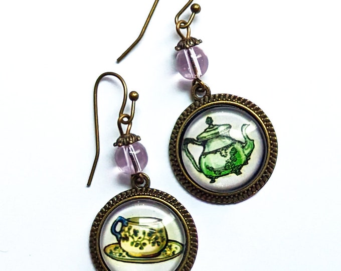 Mismatched Sweet Tea Green and Pink Teapot and Teacup Vintage Inspired Drop / Dangle Earrings
