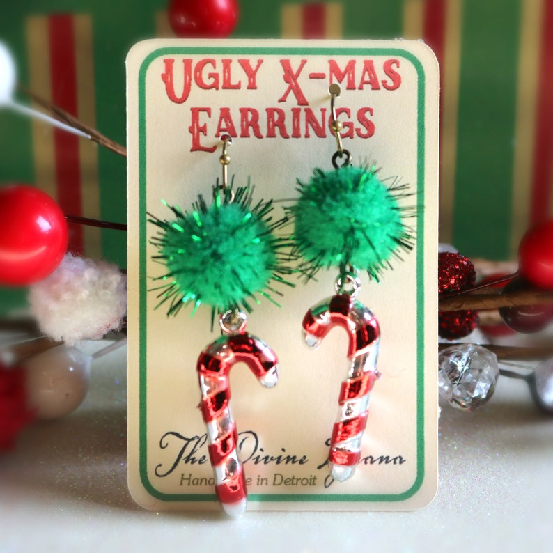 Ugly Christmas Earrings Green Pom Poms with Shiny Candy Etsy
