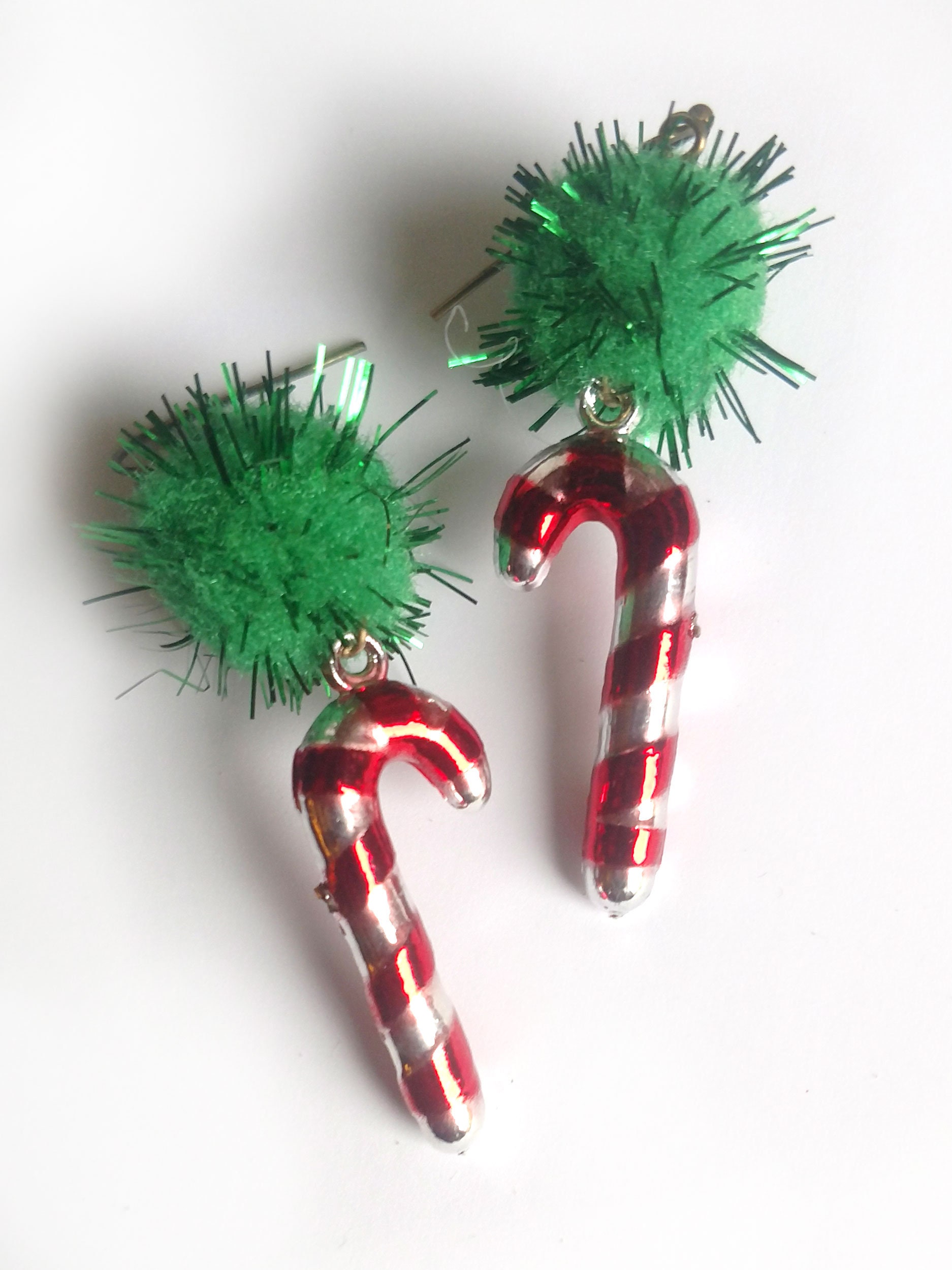 Ugly Christmas Earrings Green Pom Poms with Shiny Candy Etsy