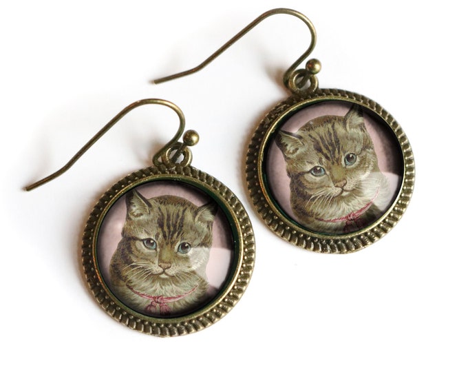 Victorian Tabby Cat Vintage Inspired Drop / Dangle Earrings