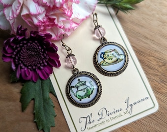 Mismatched Sweet Tea Green and Pink Teapot and Teacup Vintage Inspired Drop / Dangle Earrings