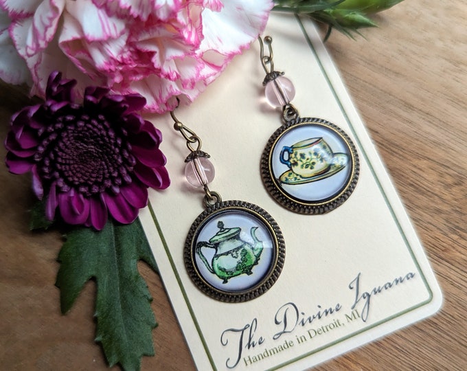 Mismatched Sweet Tea Green and Pink Teapot and Teacup Vintage Inspired Drop / Dangle Earrings