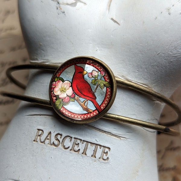 Victorian Cardinal Bird Cuff / Bangle Bracelet in Antique Brass
