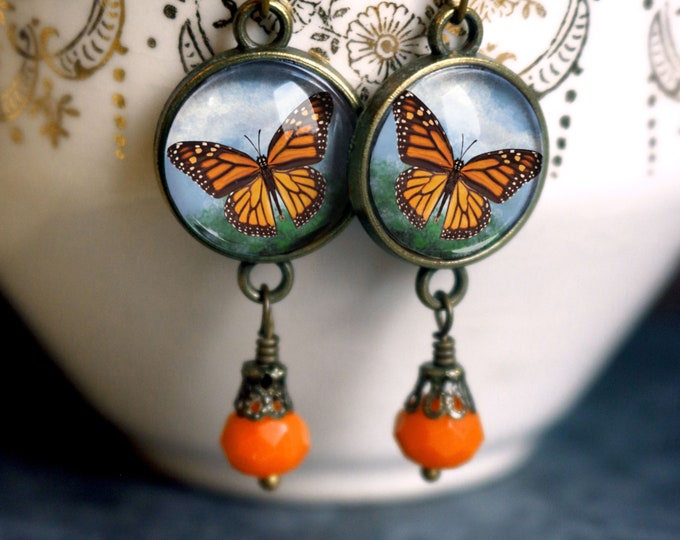 Monarch Butterfly Vintage Inspired Drop / Dangle Earrings