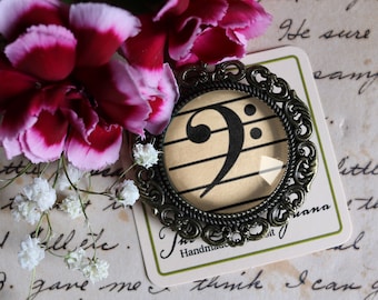 Bass Clef Reversed Decoupage Glass and Brass Brooch for Musicians