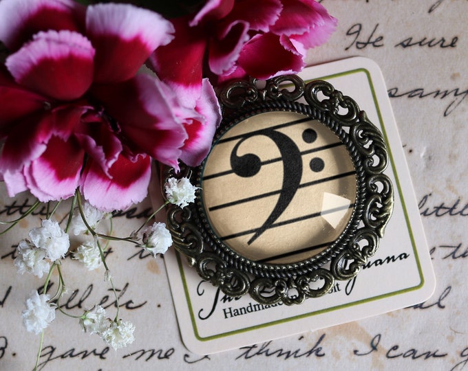 Bass Clef Reversed Decoupage Glass and Brass Brooch for Musicians
