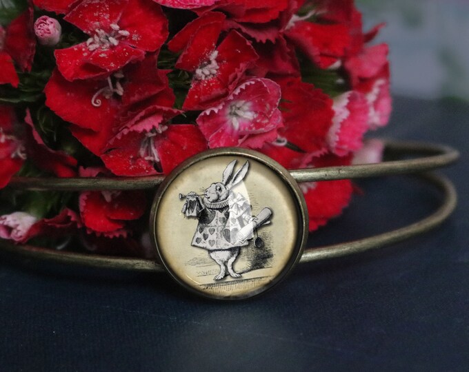 Alice in Wonderland White Rabbit Adjustable Charm Bracelet / Bangle in Antique Brass