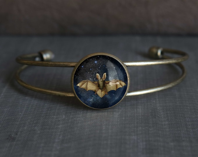 Starry Bat Goth / Halloween Cuff Bracelet with Glass Cabochon on Bronze