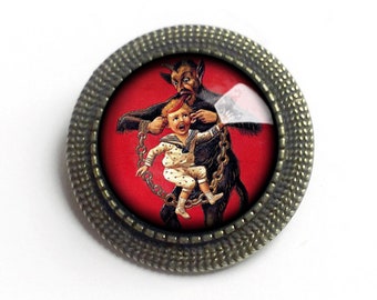 Krampus the Christmas Demon Vintage Inspired Pin Brooch - Child Carried by Ears