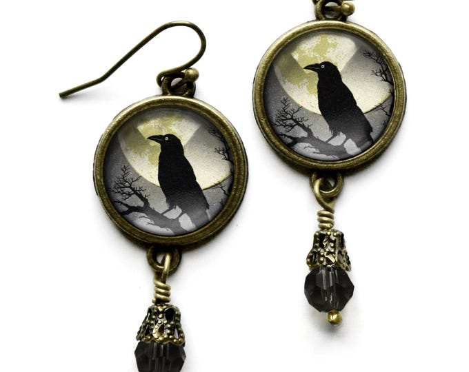 Raven Earrings- reverse decoupage glass cabochons in nickel- free brass findings