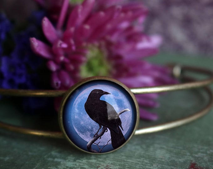 Crow and Purple Moon Bronze Cuff Bracelet, Gothic Jewelry