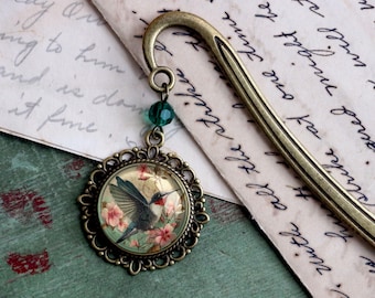 Art Nouveau Hummingbird Glass Cabochon Brass Book Hook / Bookmark