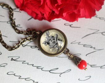 Alice in Wonderland White Rabbit Double-Sided Pendant Necklace with Red Glass Bead