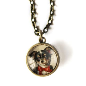 Colar com pingente de cachorro cabochão de vidro reversível simples com laço vermelho para chihuahua