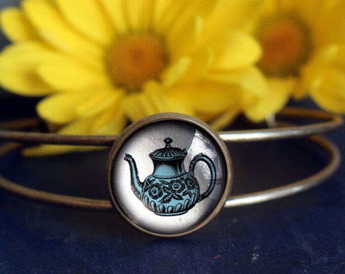 Blue Victorian Teapot Cuff Bracelet / Bangle in Antique Brass