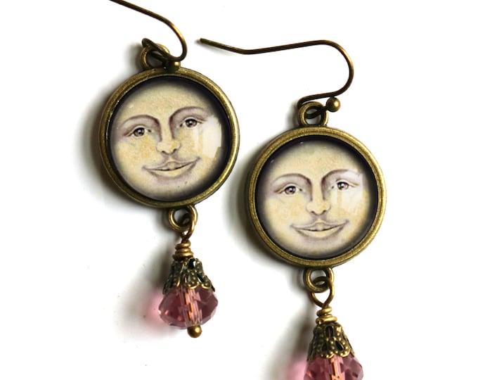Victorian Man in the Moon Vintage Inspired Drop / Dangle Earrings