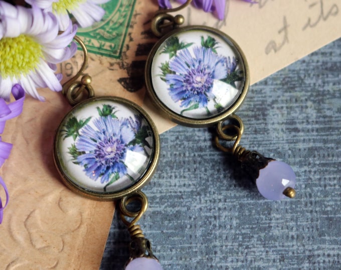 Purple Aster Bachelor's Buttons Vintage Inspired Cottage Core  Drop / Dangle Earrings
