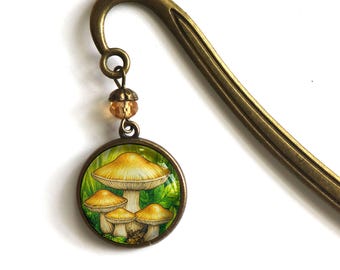 Honey Mushrooms Cottagecore Glass Cabochon Brass Book Hook / Bookmark