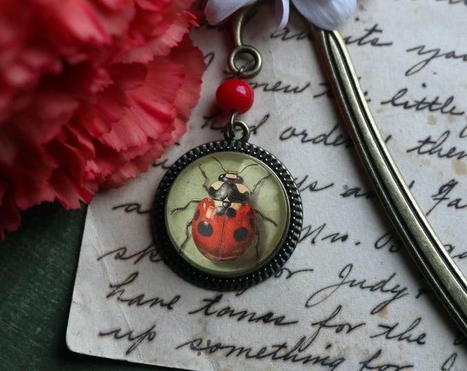Ladybug Beetle Glass Cabochon Brass Book Hook / Bookmark