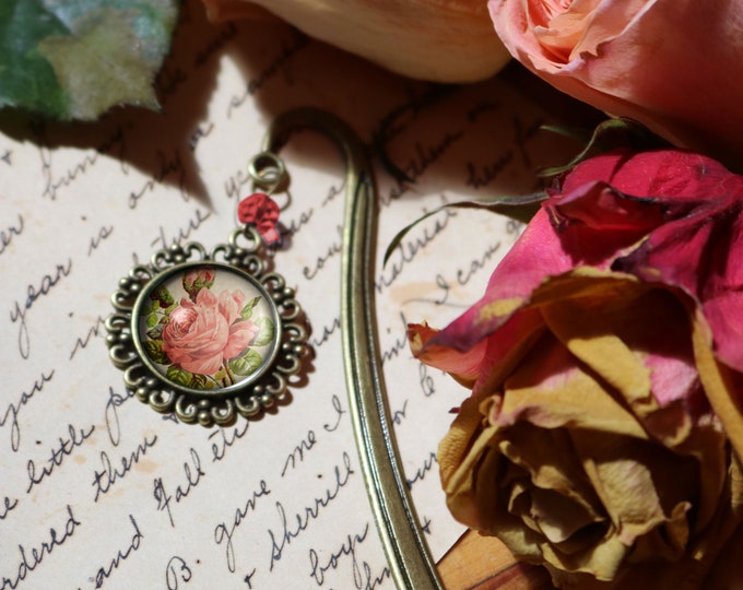 Victoria Tea Rose Glass Cabochon Brass Book Hook / Bookmark