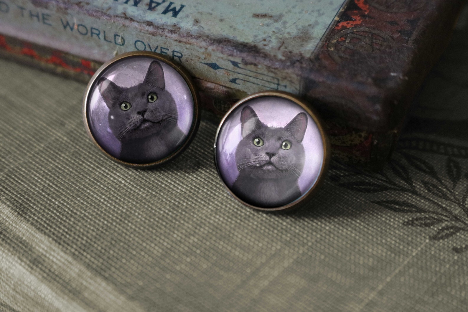 Russian Blue Cat Vintage Inspired Stud Earrings Etsy