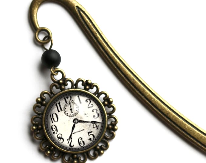 Edwardian Clock Glass Cabochon Brass Book Hook / Bookmark