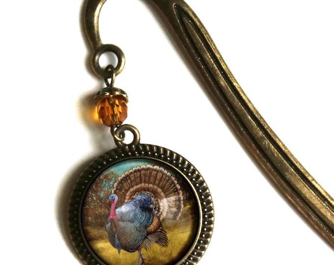 Traditional Thanksgiving Turkey Glass Cabochon Brass Book Hook / Bookmark