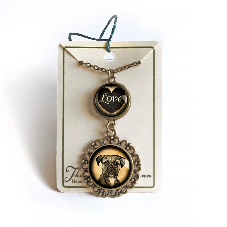 Boxer Dog Large Pendant Necklace in Ornate Frame Glass with LOVE Cabochon Pendant