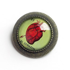 El Corazon Heart Loteria temática Vintage inspirado broche pin
