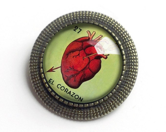 El Corazon Heart Loteria Themed Vintage Inspired Pin Brooch