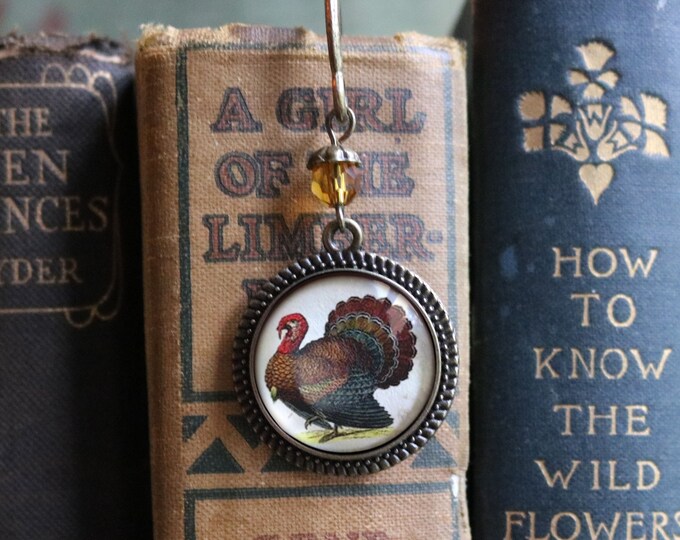 Thanksgiving Turkey Glass Cabochon Brass Book Hook / Bookmark
