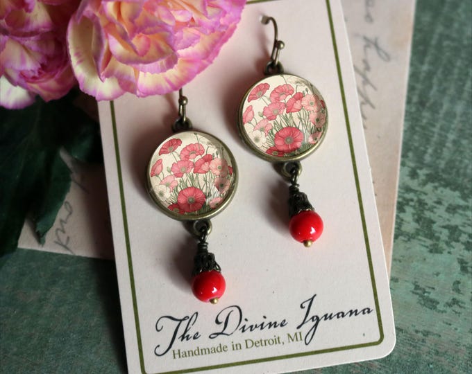 Pink Poppy Flowers Vintage Inspired Drop / Dangle Earrings