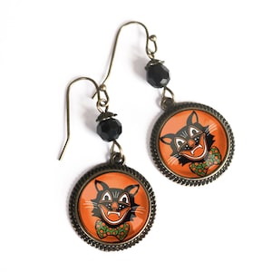 Retro Halloween Black Cat Vintage Inspired Drop / Dangle Earrings