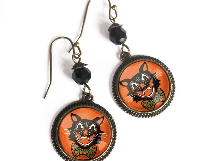 Retro Halloween Black Cat Vintage Inspired Drop / Dangle Earrings